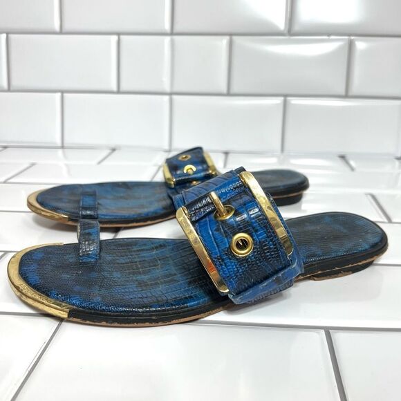 Michael Kors Calder Embossed Leather Flat Sandals Reptile Snake Skin Blue 7.5 - Picture 2 of 13